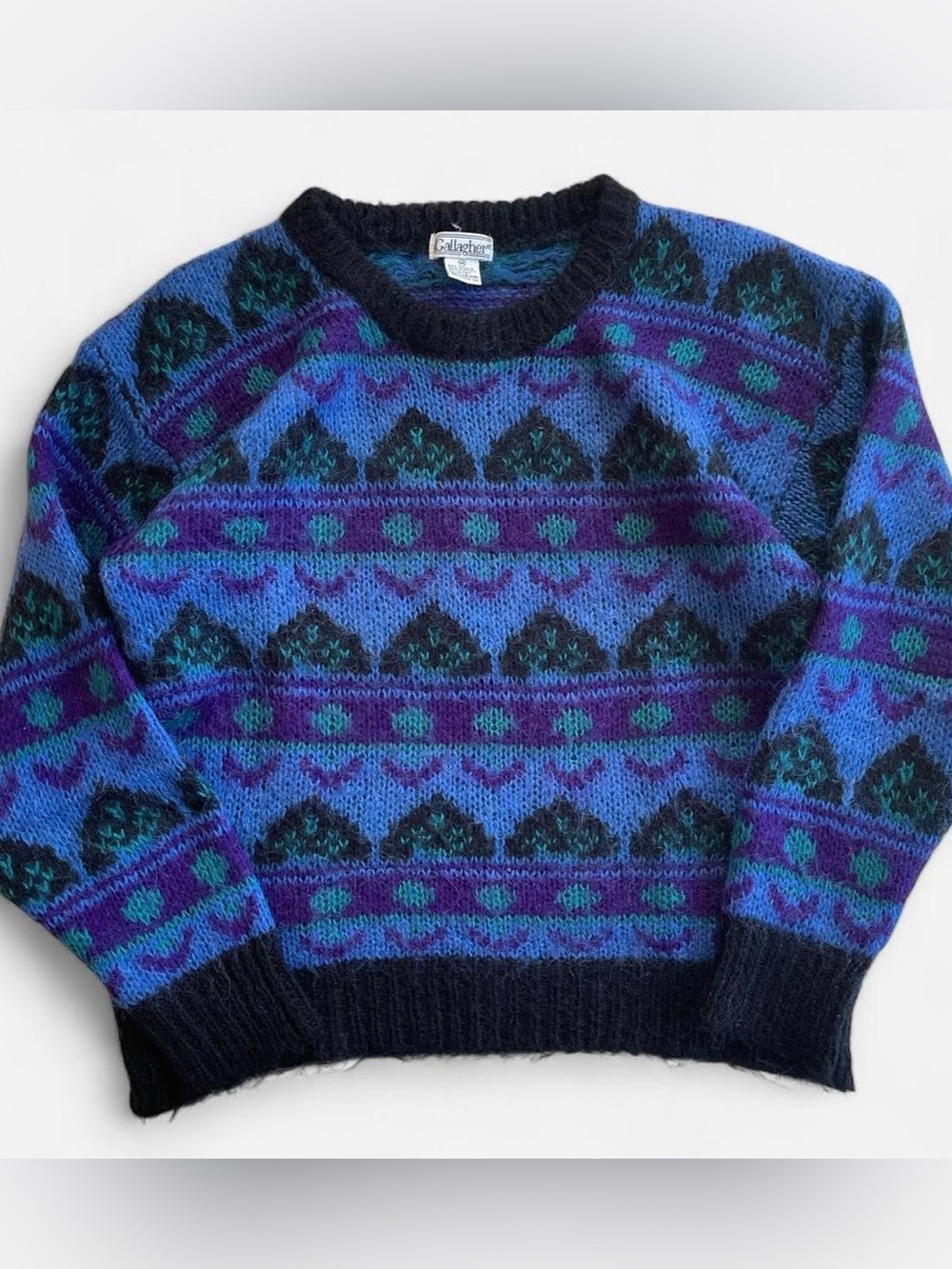 Vintage Gallagher Blue Black Purple Mohair Acrylic Blend Knit Sweater M